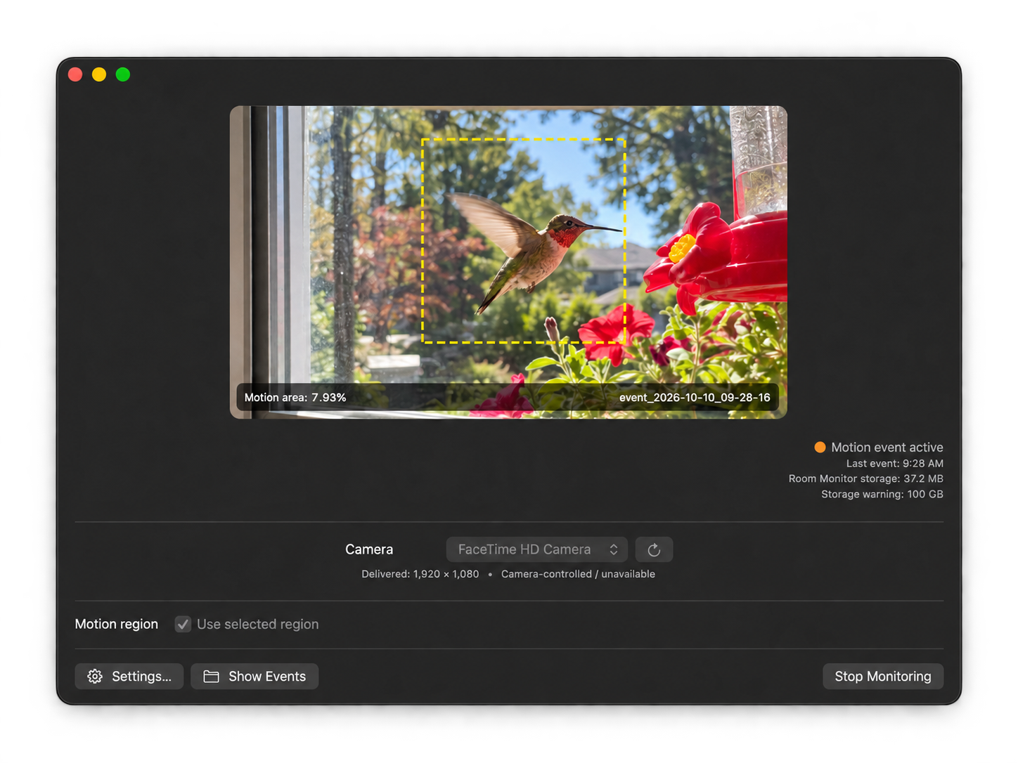 Example Room Monitor window with camera preview, monitoring status, camera selection, motion region, Settings, and Stop Monitoring controls