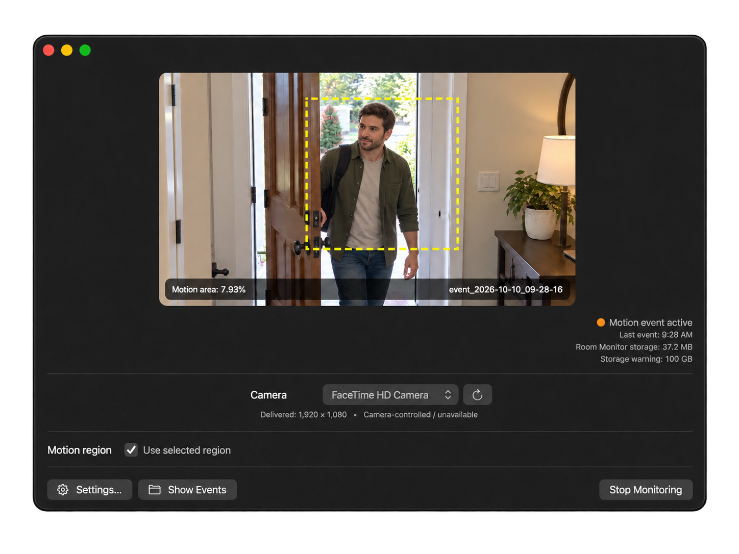 Room Monitor main window showing a polished office camera preview in the app interface.